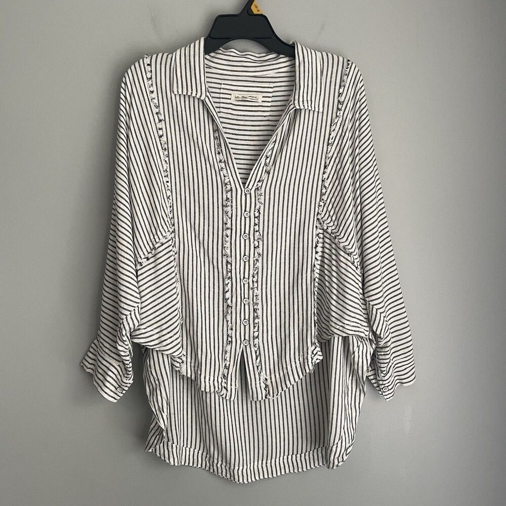 We the Free People Top Size XS Striped White Black High Raw Hems Coastal
